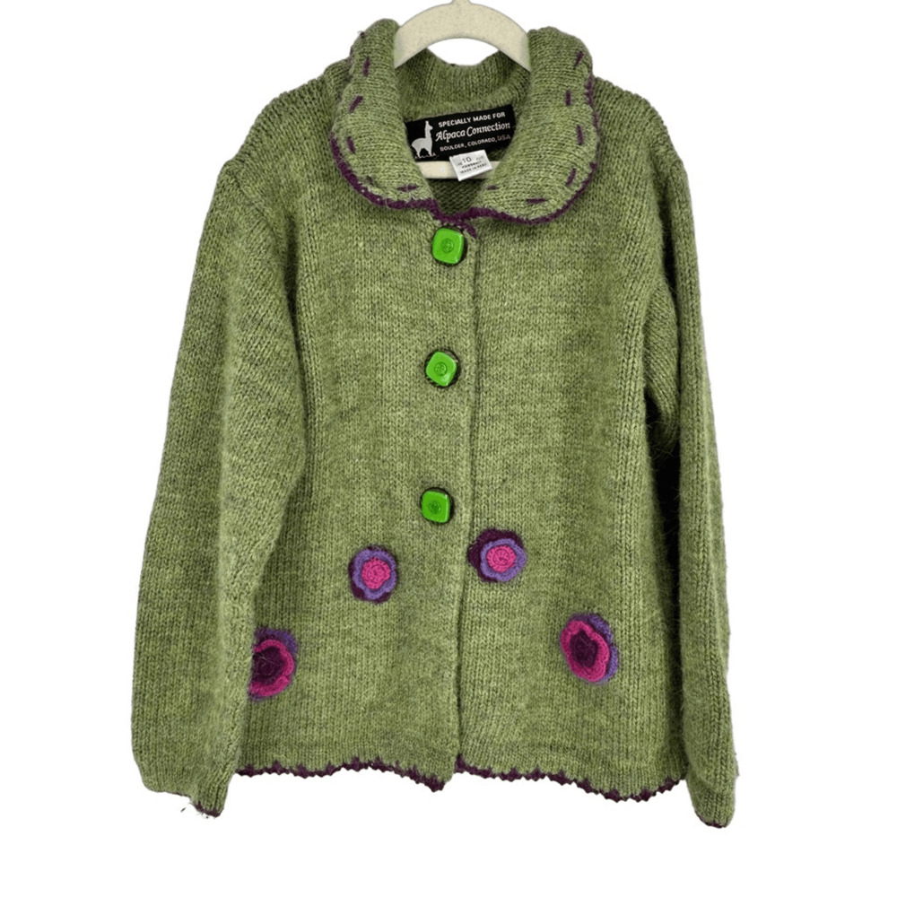 Alpaca Connection Kids Knit Sweater Cost Button Up Girls Size 10 Green Soft